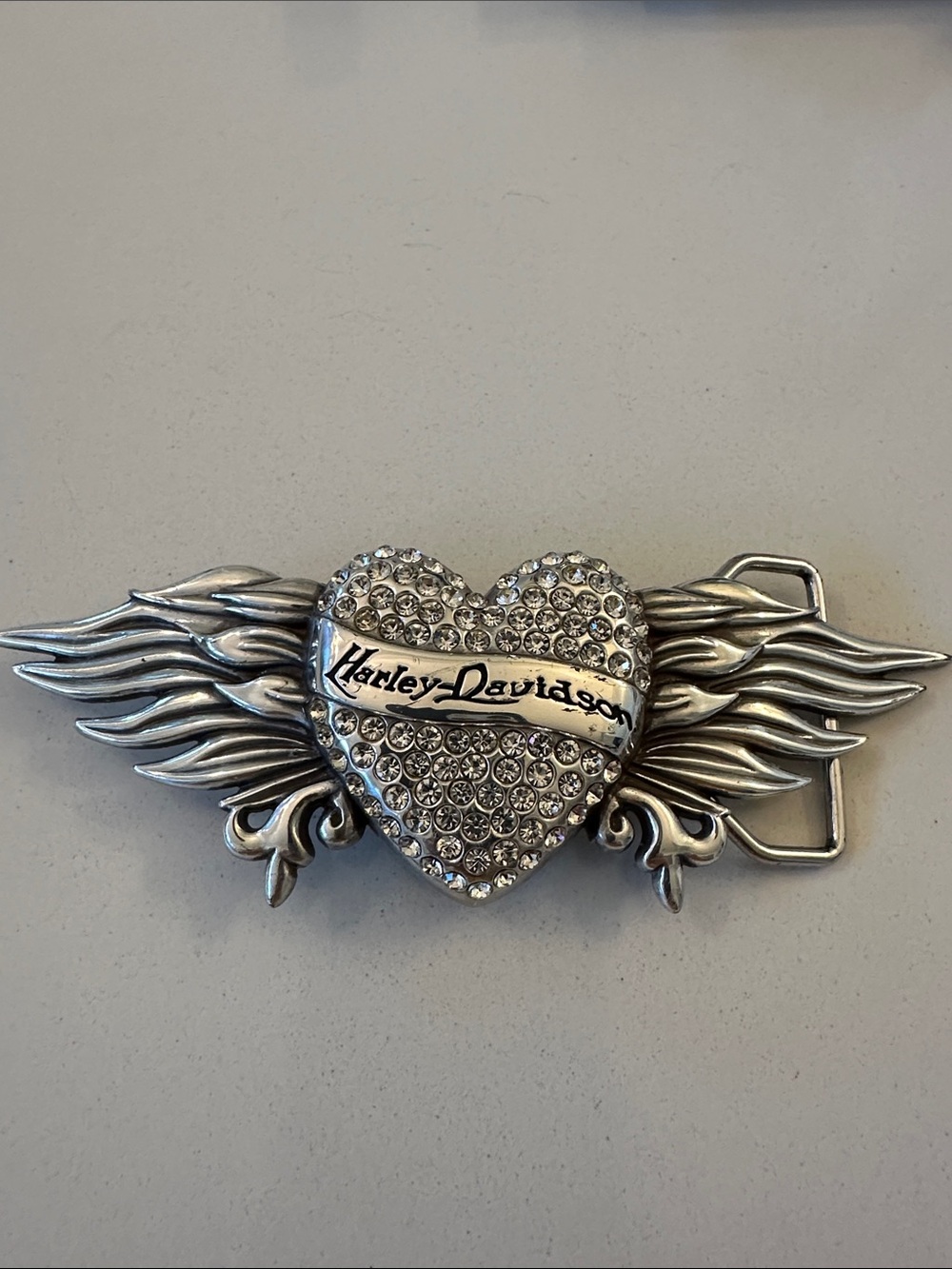 Harley-Davidson Silver-Tone Crystal Heart with Wing Belt Buckle